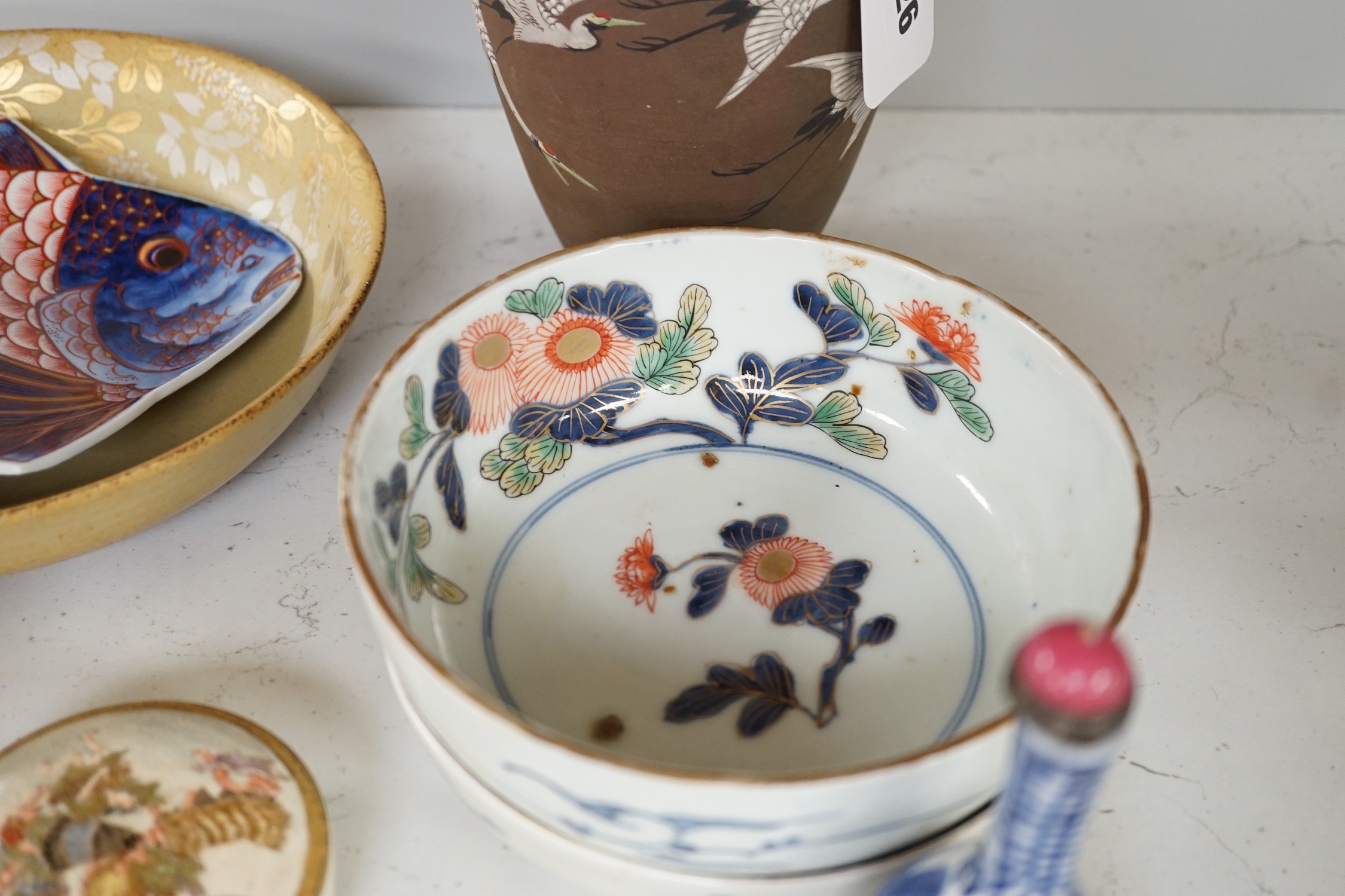 A group of 19th/20th century Japanese ceramics, Including five dishes, three vases, a cup, a Satsuma box and cover and a model of a dog